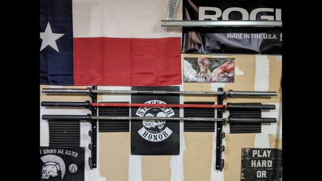 'Rogue Fitness Cerakote Power Bar, Stainless Steel Powerbar, Matt Chan bar, and Deadlift bar'