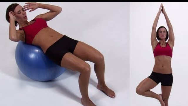 'Woman does fitness & yoga stretching routine — Motivational video — Sports bra, bare feet'